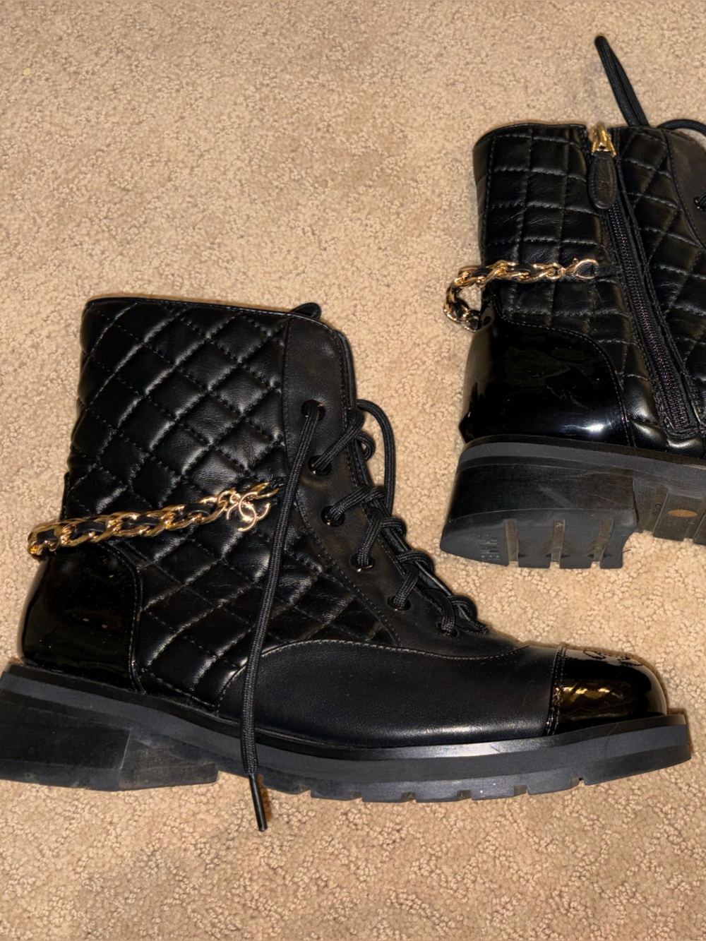 Quilted Black Lace-Up Ankle Boots with Gold Chain Detail